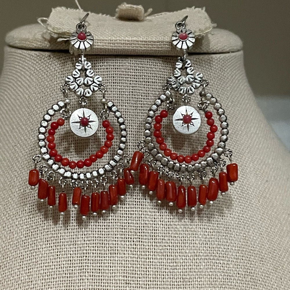 Kenneth Cole Elegant Silver and Red Dangle Earrings